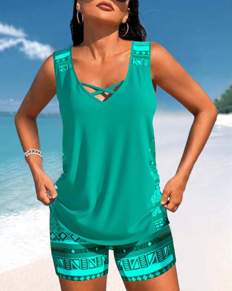Tankinis mit geometrischem Print und V-Ausschnitt