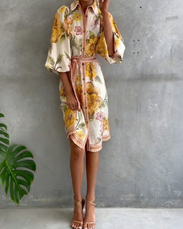 Klänning Fransk Lykta Ärm Skärkrage Tryckt