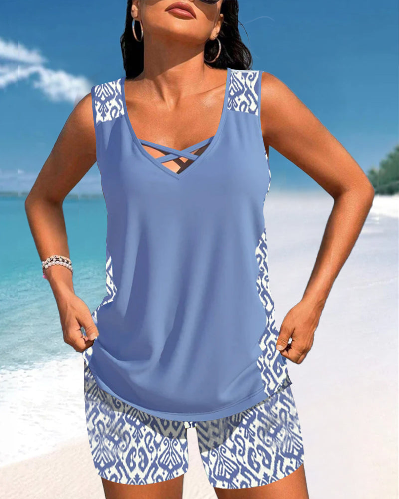 Tankinis mit geometrischem Print und V-Ausschnitt
