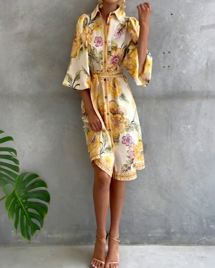 Klänning Fransk Lykta Ärm Skärkrage Tryckt