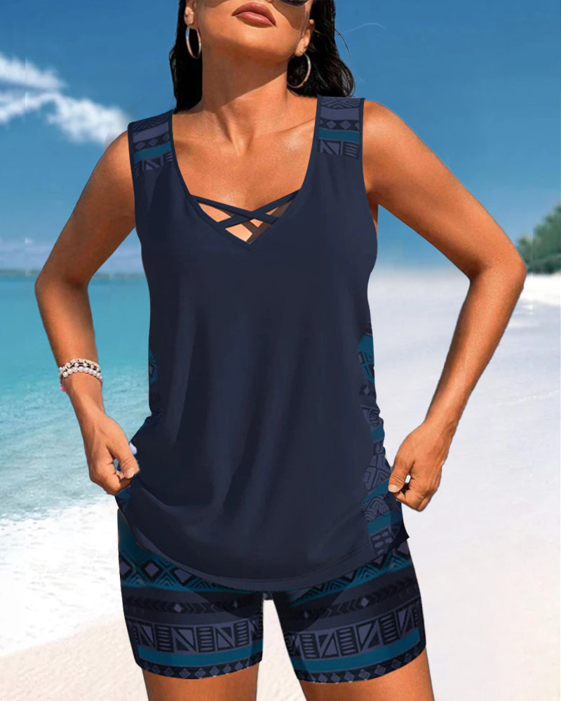 Tankinis mit geometrischem Print und V-Ausschnitt