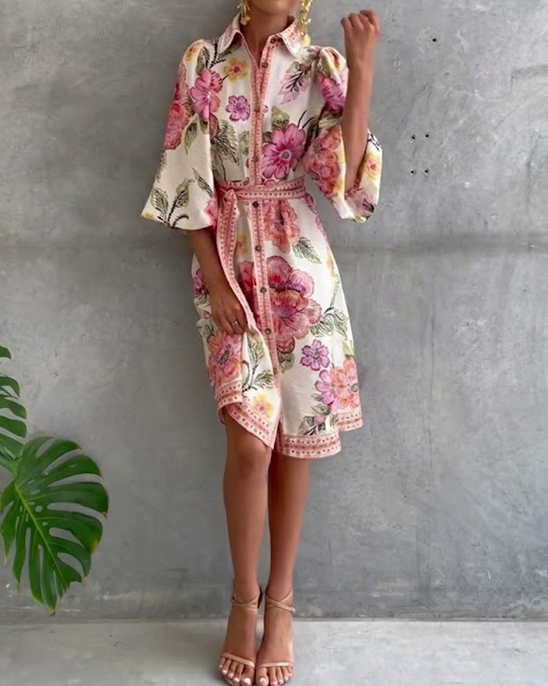 Klänning Fransk Lykta Ärm Skärkrage Tryckt