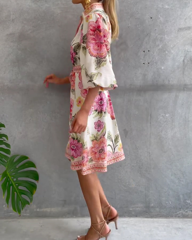 Klänning Fransk Lykta Ärm Skärkrage Tryckt