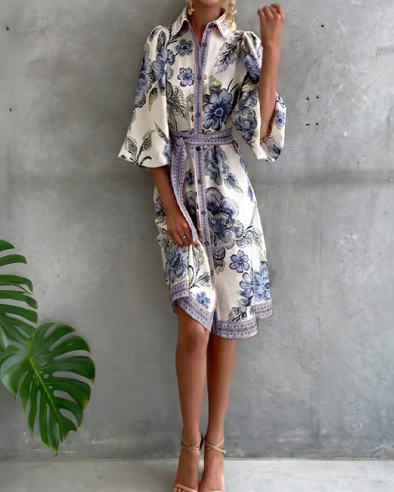 Klänning Fransk Lykta Ärm Skärkrage Tryckt