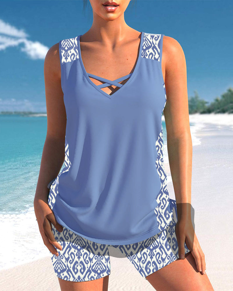 Tankinis mit geometrischem Print und V-Ausschnitt