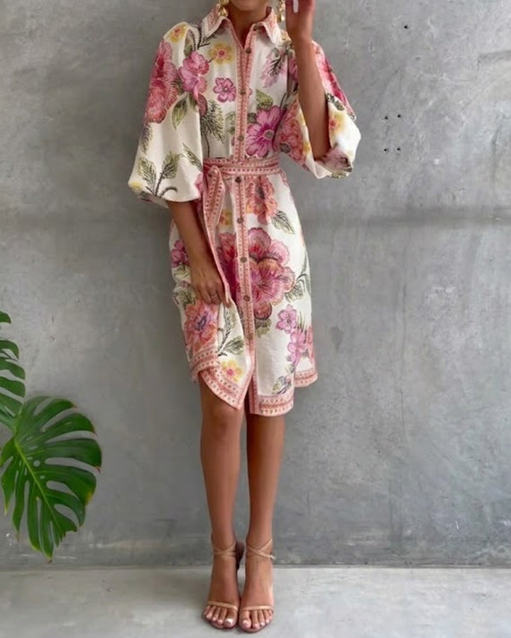 Klänning Fransk Lykta Ärm Skärkrage Tryckt