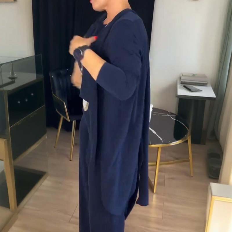 Hemkomfort + Business Elegance Lång kofta, topp och byxor, 3-delat set