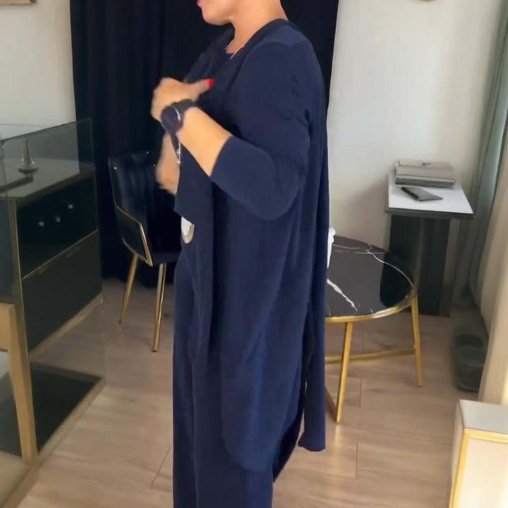 Hemkomfort + Business Elegance Lång kofta, topp och byxor, 3-delat set